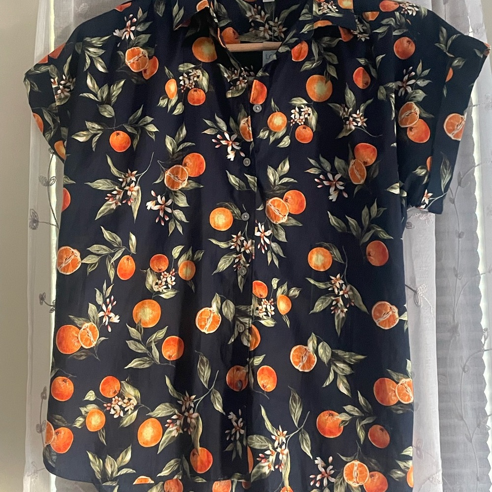 LOFT Dark Blue Blouse with Orange Fruit Design